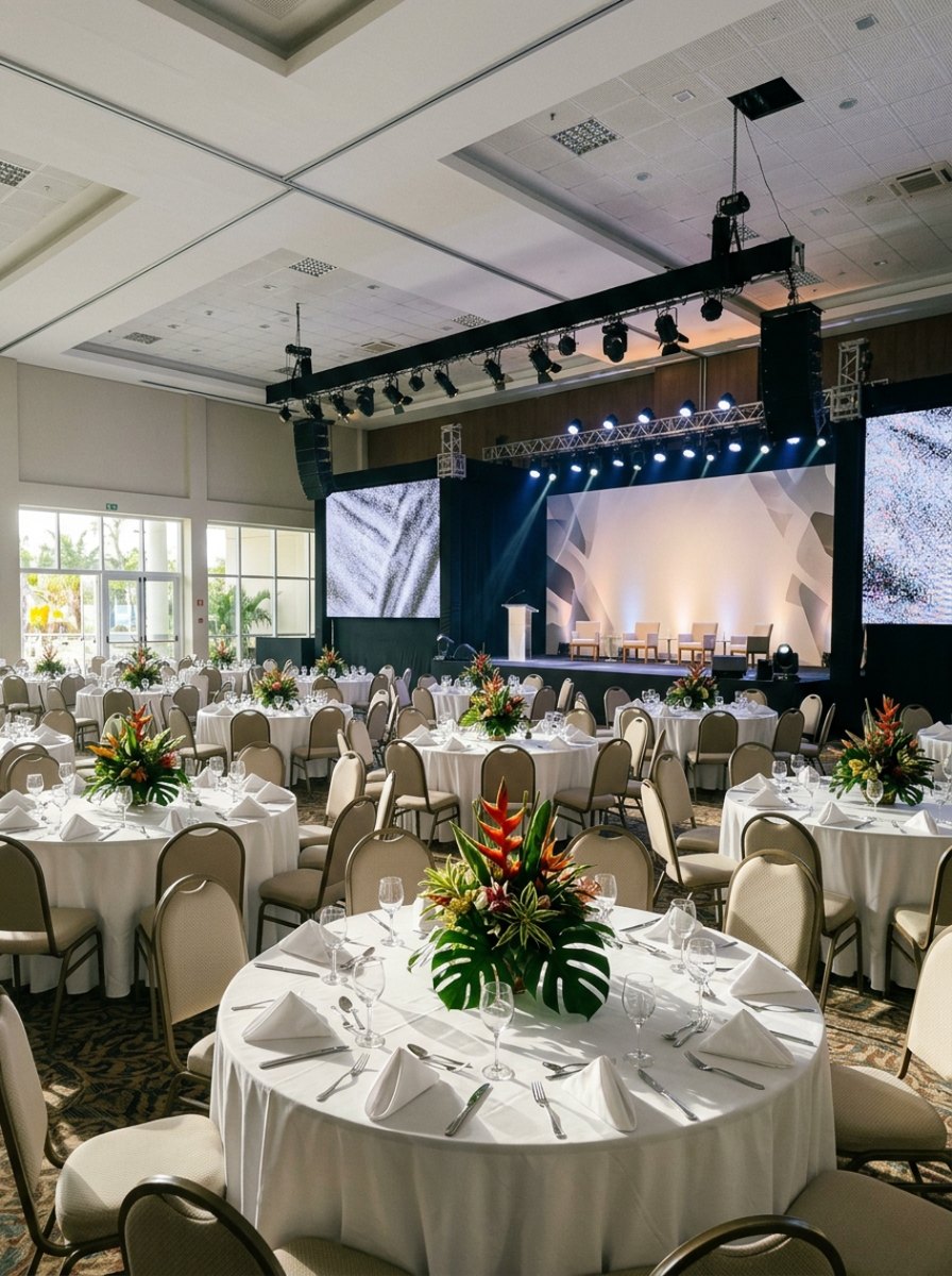 Salão montado para evento corporativo