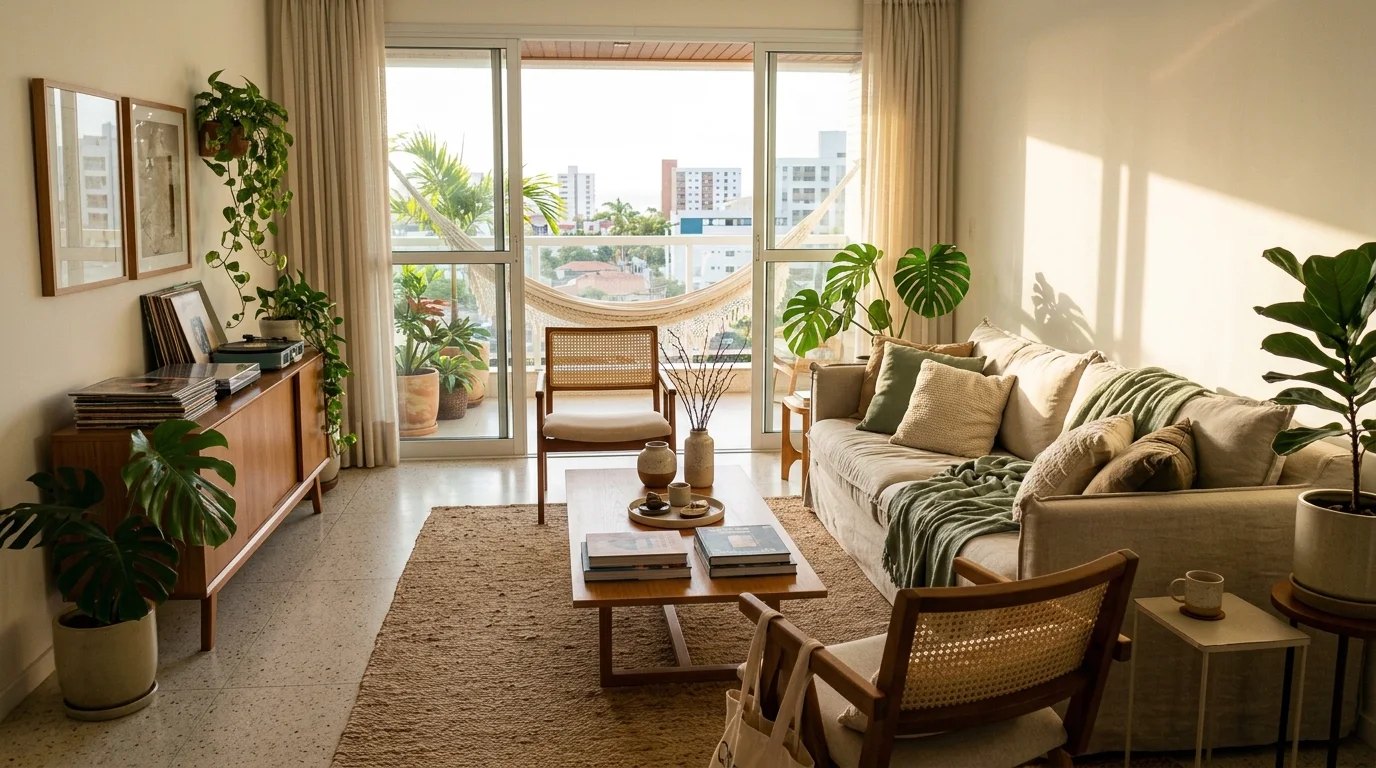 Sala de estar contemporânea decorada em tons neutros e verde-sálvia